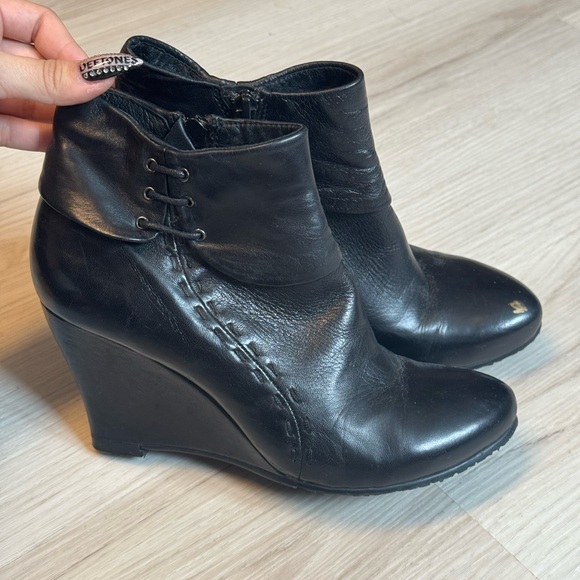 Shoes - Black Leather Wedge Ankle Boots - Women's